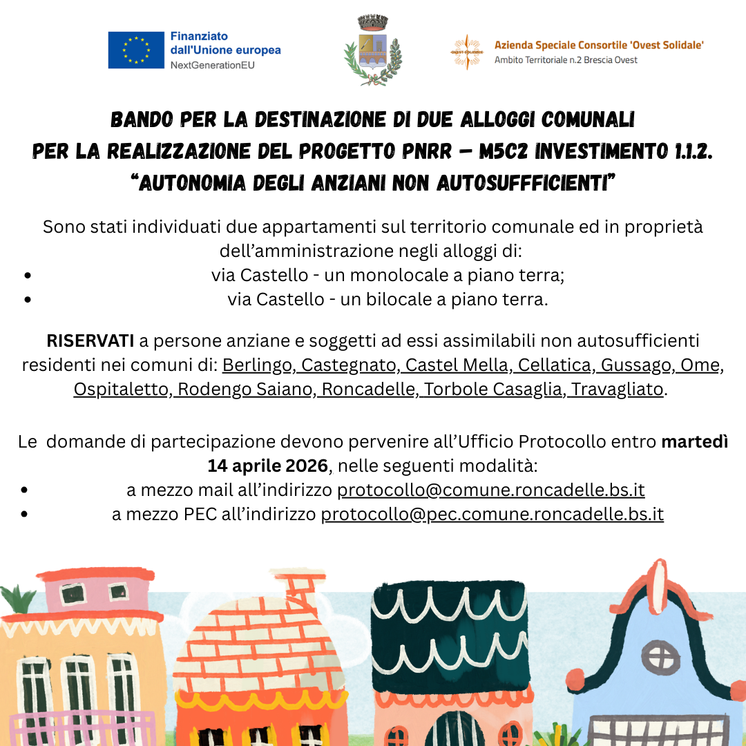 Bando per la destinazione di n. 2 alloggi comunali per la realizzazione del progetto PNRR - M5C2 